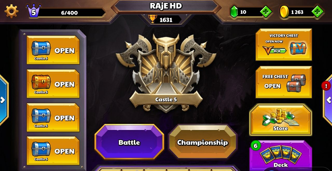 RAjE HD\nCastle 5\nBattle\nChampionship\nOPEN\nOPEN\nOPEN\nOPEN\nVictory Chest\nOPEN\nStores\nDeck\n6  1  6\nSession ID: 1026086.