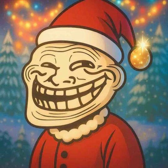 Cartoon troll face wearing a Santa hat and red outfit (festive meme).