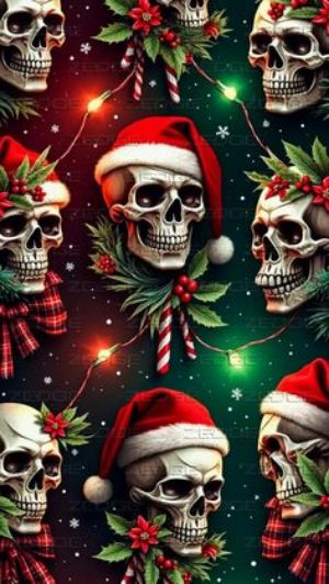 Skulls wearing Santa hats and holiday decorations.