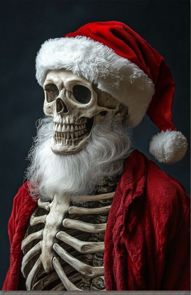 A skeleton wearing a Santa hat and red Santa robe with a white beard.