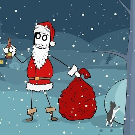 Santa holding a bottle and a large red sack in a snowy winter scene.