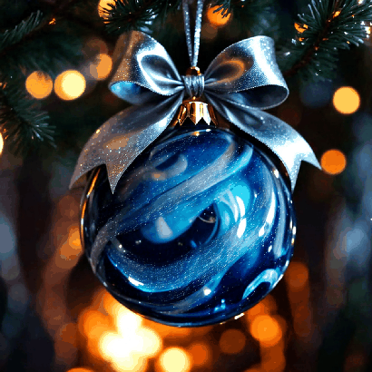 Blue marbled Christmas ornament hanging on a tree with a silver bow.