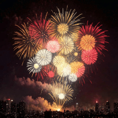Fireworks display over a city skyline at night.