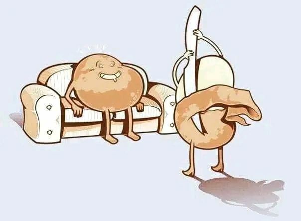 A cartoon scene: a donut on a couch with a grumpy expression, and a croissant or pastry holding a large sword, appearing to threaten the donut.