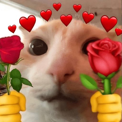 A close-up of a cat with big eyes, holding two roses and surrounded by floating red hearts.