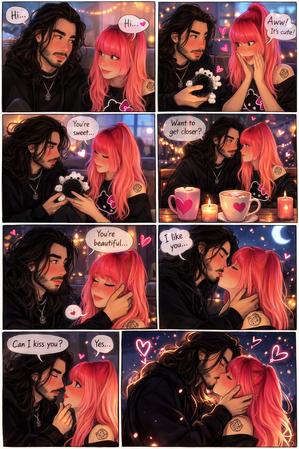 Hi...  Hi...  Aww! It's cute!  You're sweet...  Want to get closer?  You're beautiful...  I like you...  Can I kiss you? Yes...