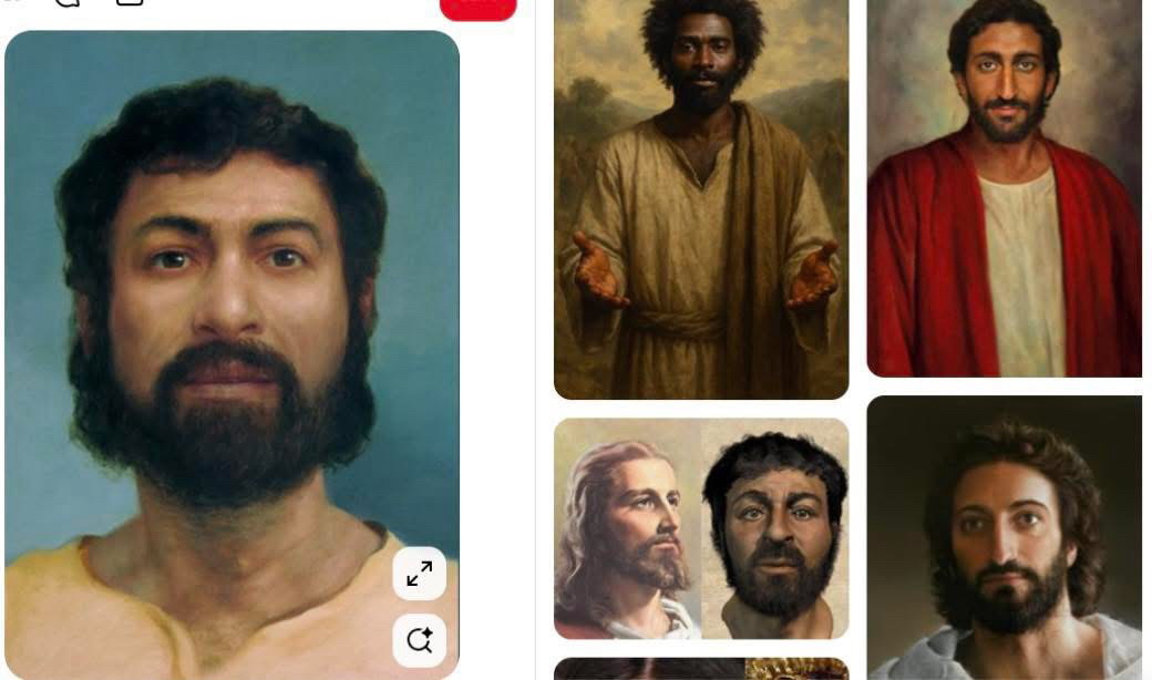 A collage featuring a bearded man with dark hair in multiple portrait-style images. The scenes resemble classical or artistic depictions, including one with a man in a red robe and others in simple tunics. I cannot identify individuals in images.