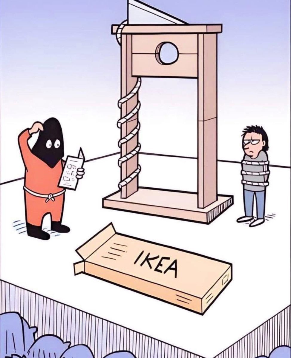 IKEA. A person in a hood is trying to assemble a guillotine using IKEA instructions, while another person is tied up, waiting.