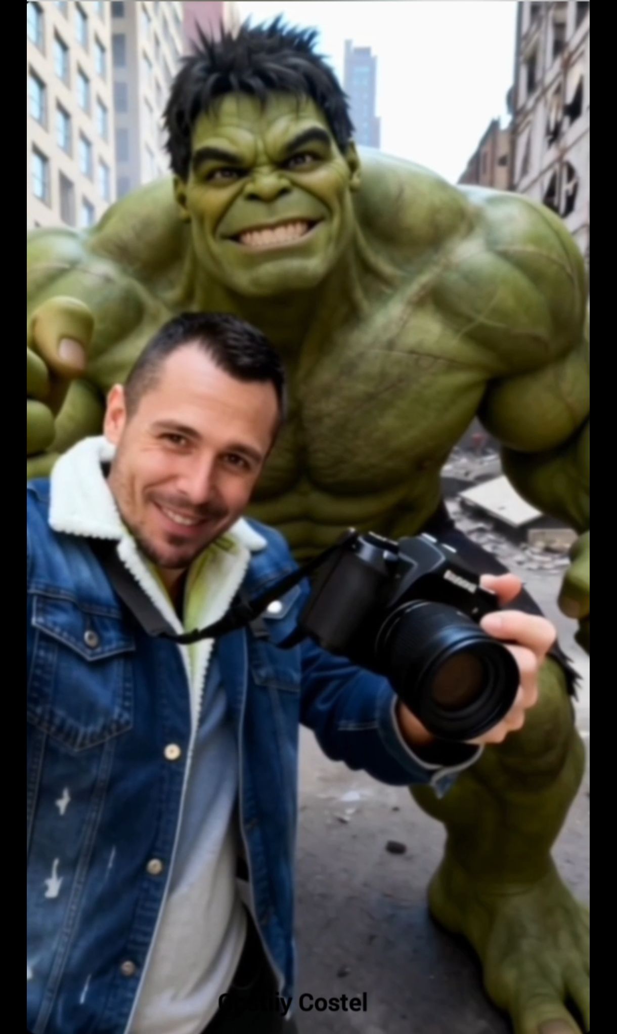 The Hulk is posing for a selfie with a man holding a camera.