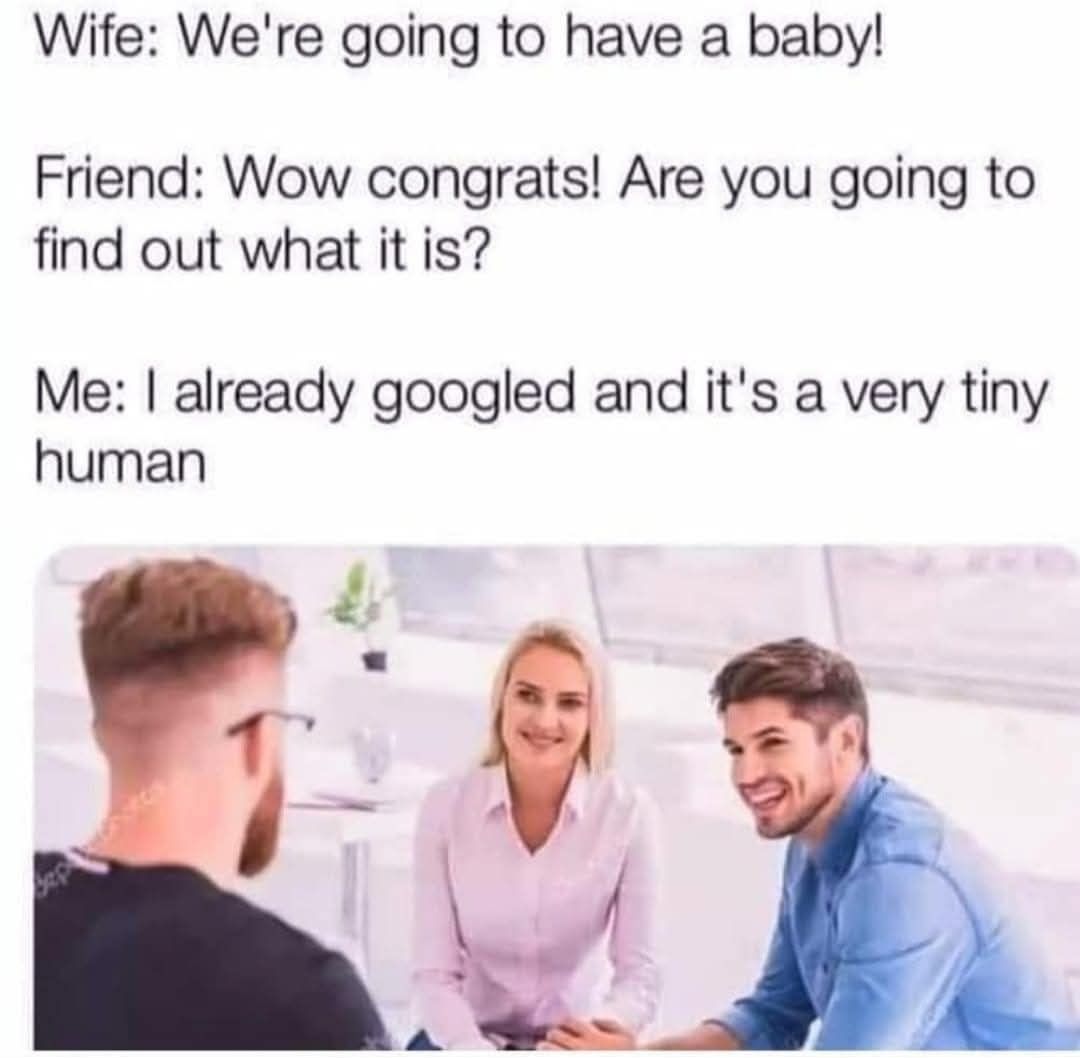 Wife: We're going to have a baby! Friend: Wow congrats! Are you going to find out what it is? Me: I already googled and it's a very tiny human