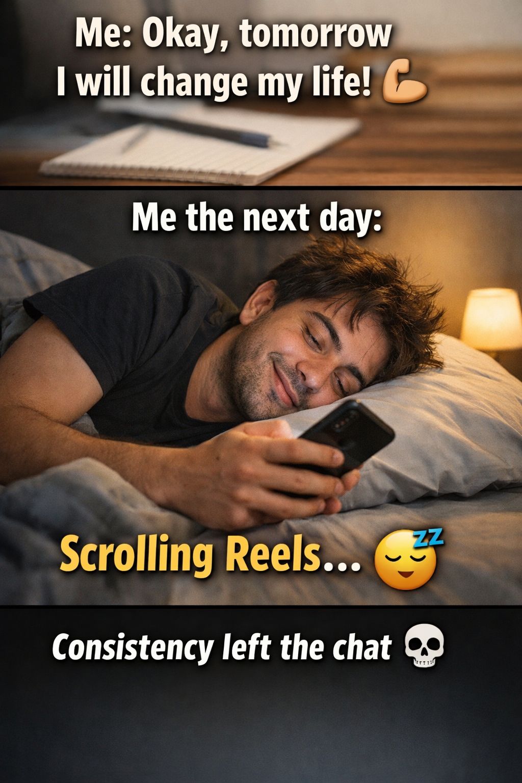 Me: Okay, tomorrow I will change my life! Me the next day: Scrolling Reels... Consistency left the chat