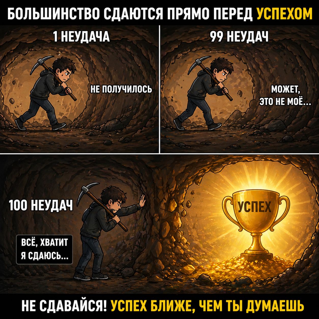 БОЛЬШИНСТВО СДАЮТСЯ ПРЯМО ПЕРЕД УСПЕХОМ 1 НЕУДАЧА НЕ ПОЛУЧИЛОСЬ 99 НЕУДАЧ МОЖЕТ, ЭТО НЕ МОЁ... 100 НЕУДАЧ ВСЁ, ХВАТИТ Я СДАЮСЬ... УСПЕХ НЕ СДАВАЙСЯ! УСПЕХ БЛИЖЕ, ЧЕМ ТЫ ДУМАЕШЬ