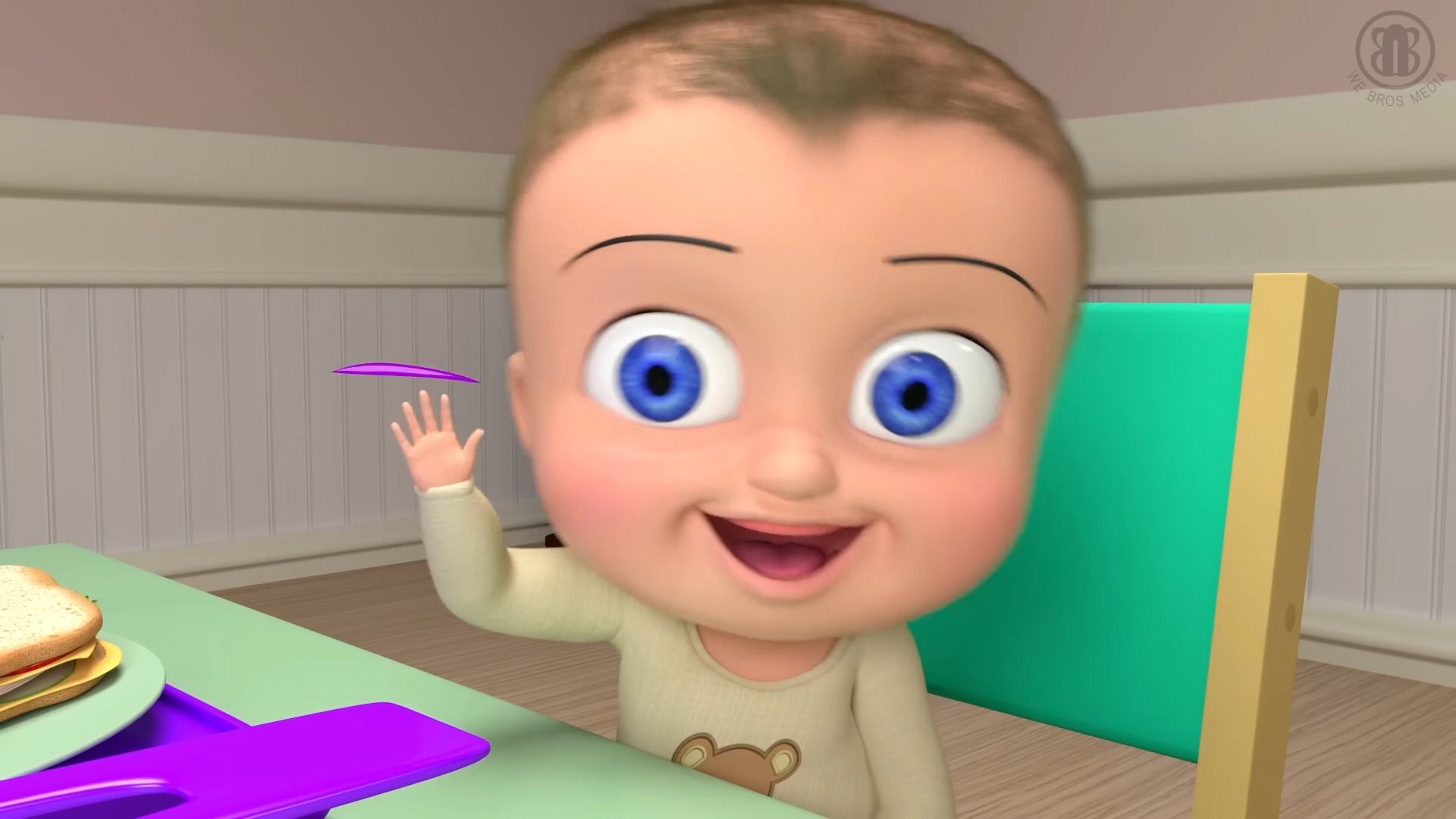 WE BROS MEDIA. A cute animated baby waves hello.