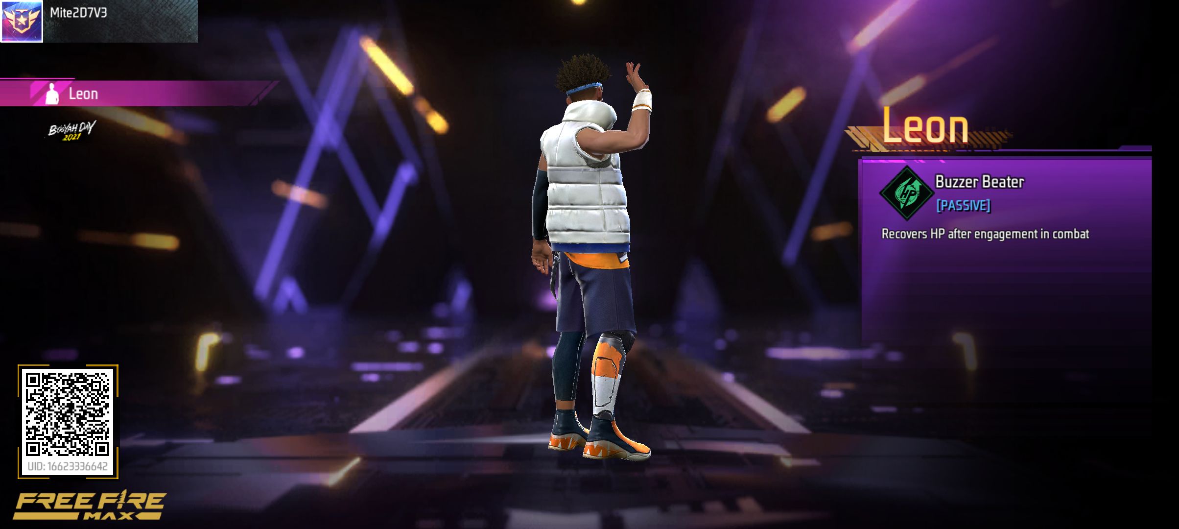 Mite2D7V3 Leon Booyah Day 2021. Leon's ability: Buzzer Beater [PASSIVE]. Recovers HP after engagement in combat. UID: 16623336642. FREE FIRE MAX.