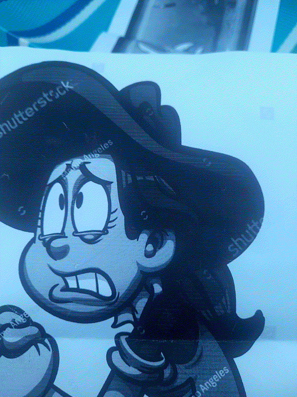 A cartoon character with a worried or scared expression, featuring wide eyes, furrowed brows, and an open mouth showing teeth. The character is wearing a dark hat.