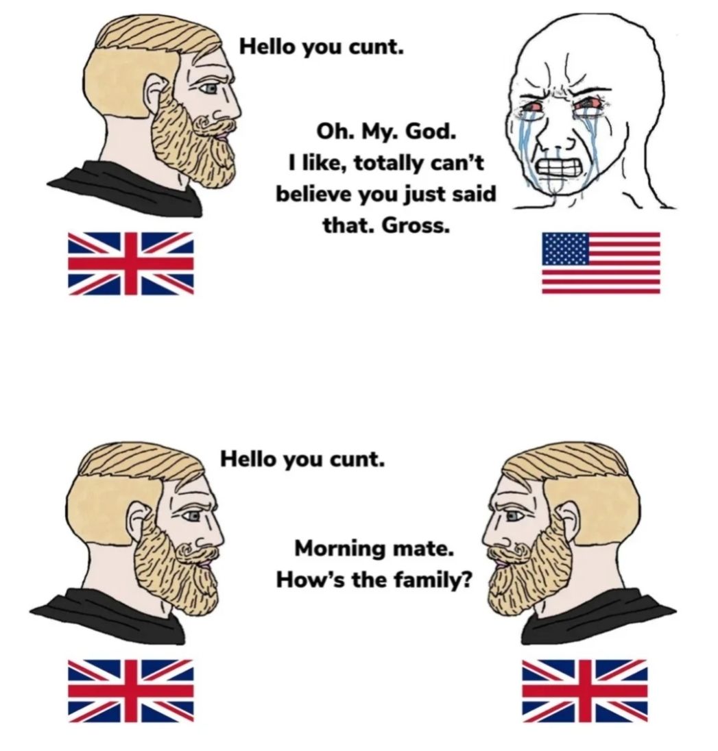 Hello you cunt. Oh. My. God. I like, totally can't believe you just said that. Gross. Hello you cunt. Morning mate. How's the family?