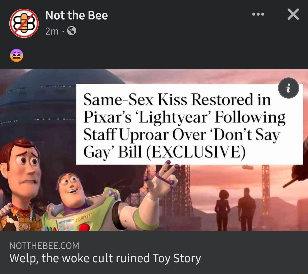 Not the Bee e X 2 2m Q Same Sex Kiss Restored in e Pixars Lightyear Following Staff Uproar Over Dont Say R Gay Bill EXCLUSIVE A NOTTHEBEECOM Welp the woke cult ruined Toy Story