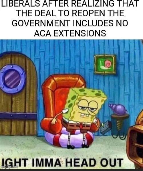 LIBERALS AFTER REALIZING THAT THE DEAL TO REOPEN THE GOVERNMENT INCLUDES NO ACA EXTENSIONS
IGHT IMMA HEAD OUT