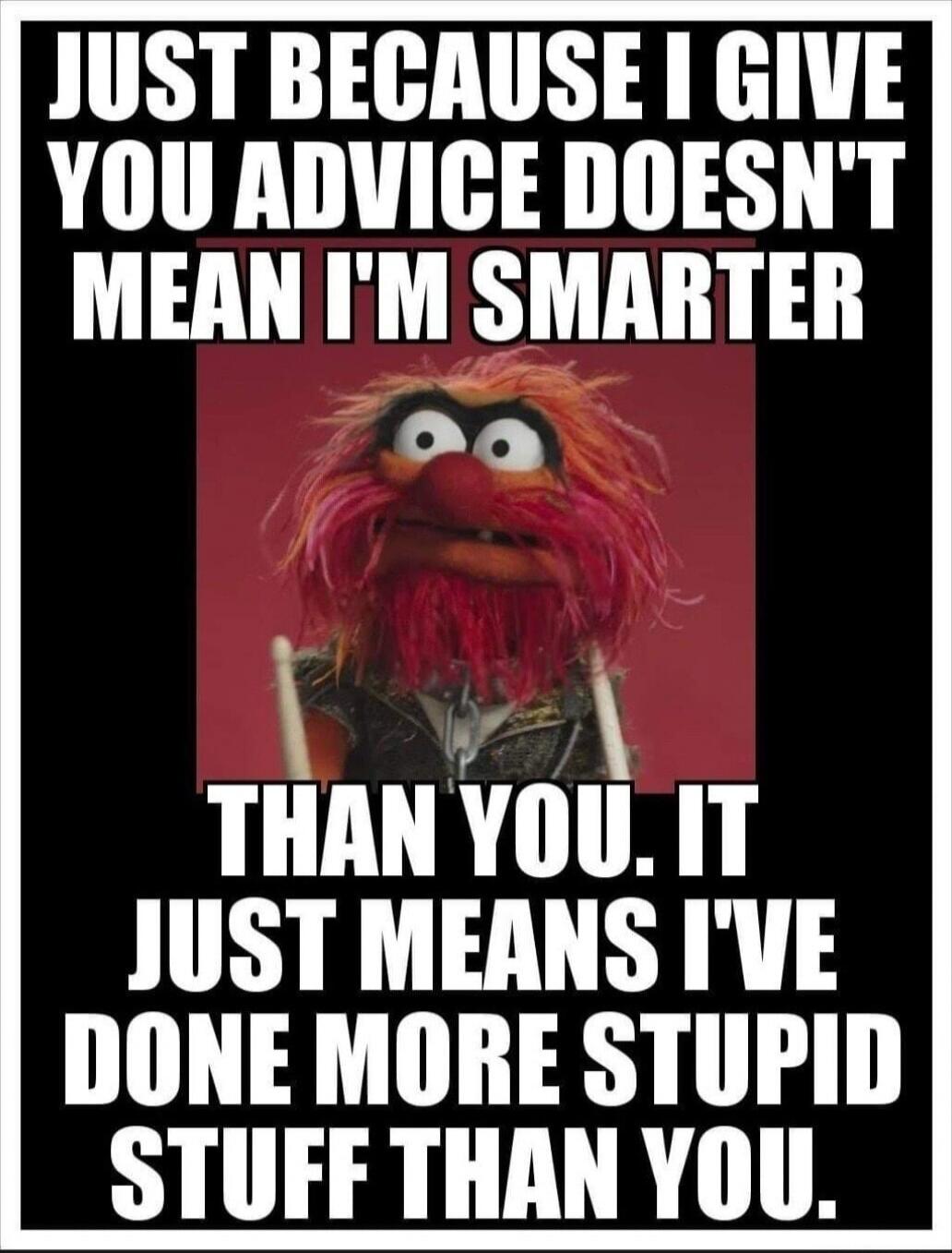 JUST BECAUSE I GIVE YOU ADVICE DOESN'T MEAN I'M SMARTER THAN YOU. IT JUST MEANS I'VE DONE MORE STUPID STUFF THAN YOU.