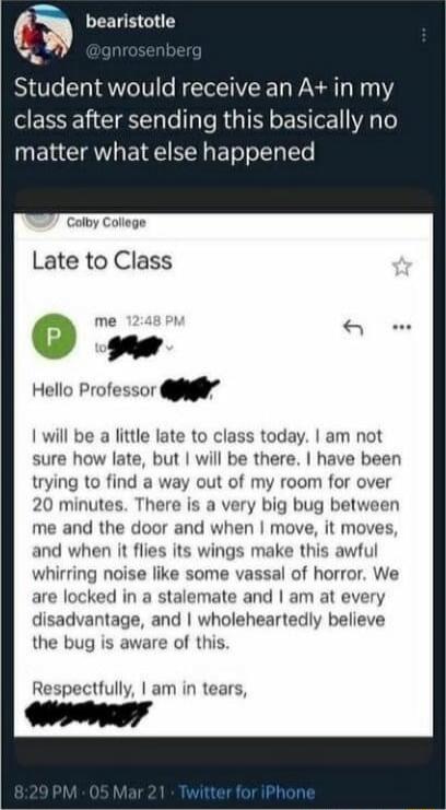Student would receive an A+ in my class after sending this basically no matter what else happened

Colby College
Late to Class

me 12:48 PM
Hello Professor [redacted]
I will be a little late to class today. I am not sure how late, but I will be there. I have been trying to find a way out of my room for over 20 minutes. There is a very big bug betwe
