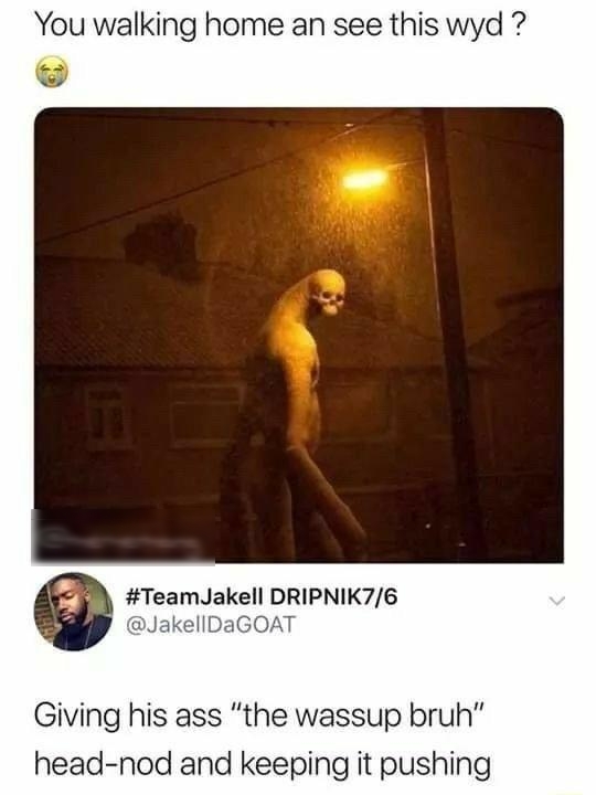 You walking home an see this wyd TeamJakell DRIPNIK76 JakellDaGOAT Giving his ass the wassup bruh head nod and keeping it pushing