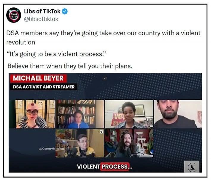Libs of TikTok @libsoftiktok DSA members say they're going take over our country with a violent revolution. 