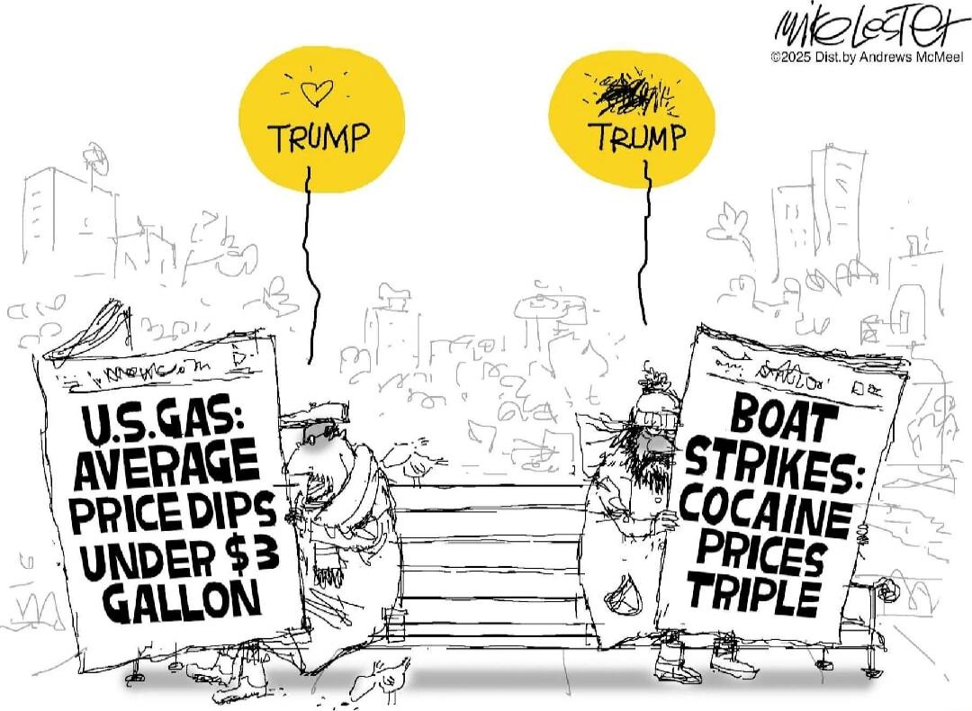 U.S. GAS AVERAGE PRICE DIPS UNDER $3 GALLON
BOAT STRIKES: COCAINE PRICES TRIPLE
TRUMP