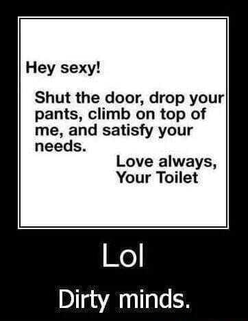 Hey sexy Shut the door drop your pants climb on top of me and satisfy your needs Love always Your Toilet Lol Dirty minds