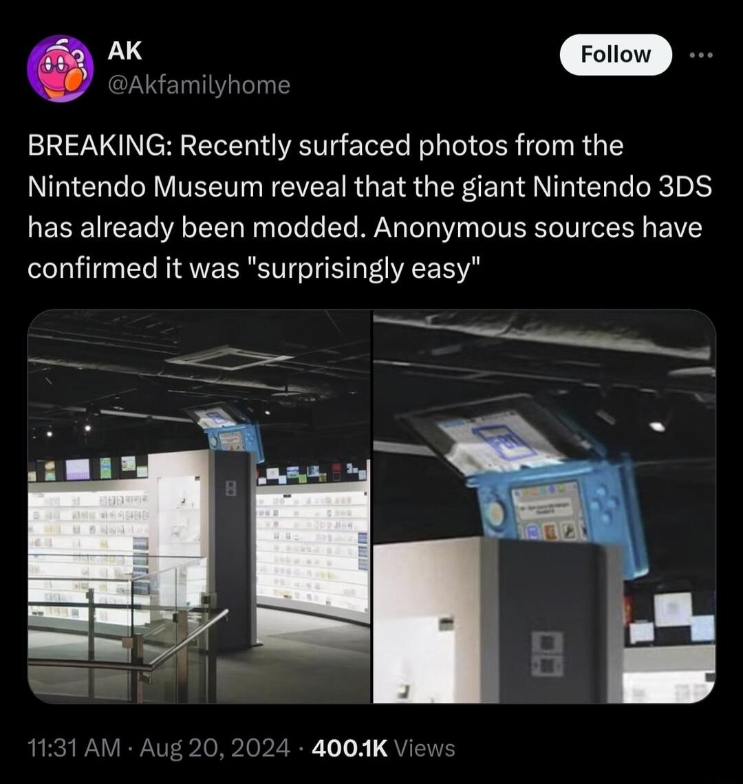 AK BREAKING Recently surfaced photos from the NI COT L W ITEE VLRGBS GER E IR Chle e ReIol has already been modded Anonymous sources have confirmed it was surprisingly easy 1131 AM Aug 20 2024 4004K
