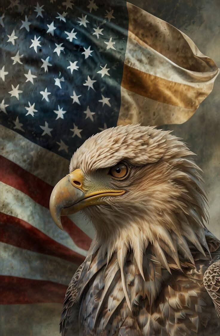 An American bald eagle in front of a waving United States flag.