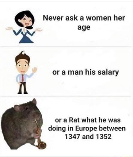 Never ask a women her age i or a man his salary or a Rat what he was doing in Europe between 1347 and 1352