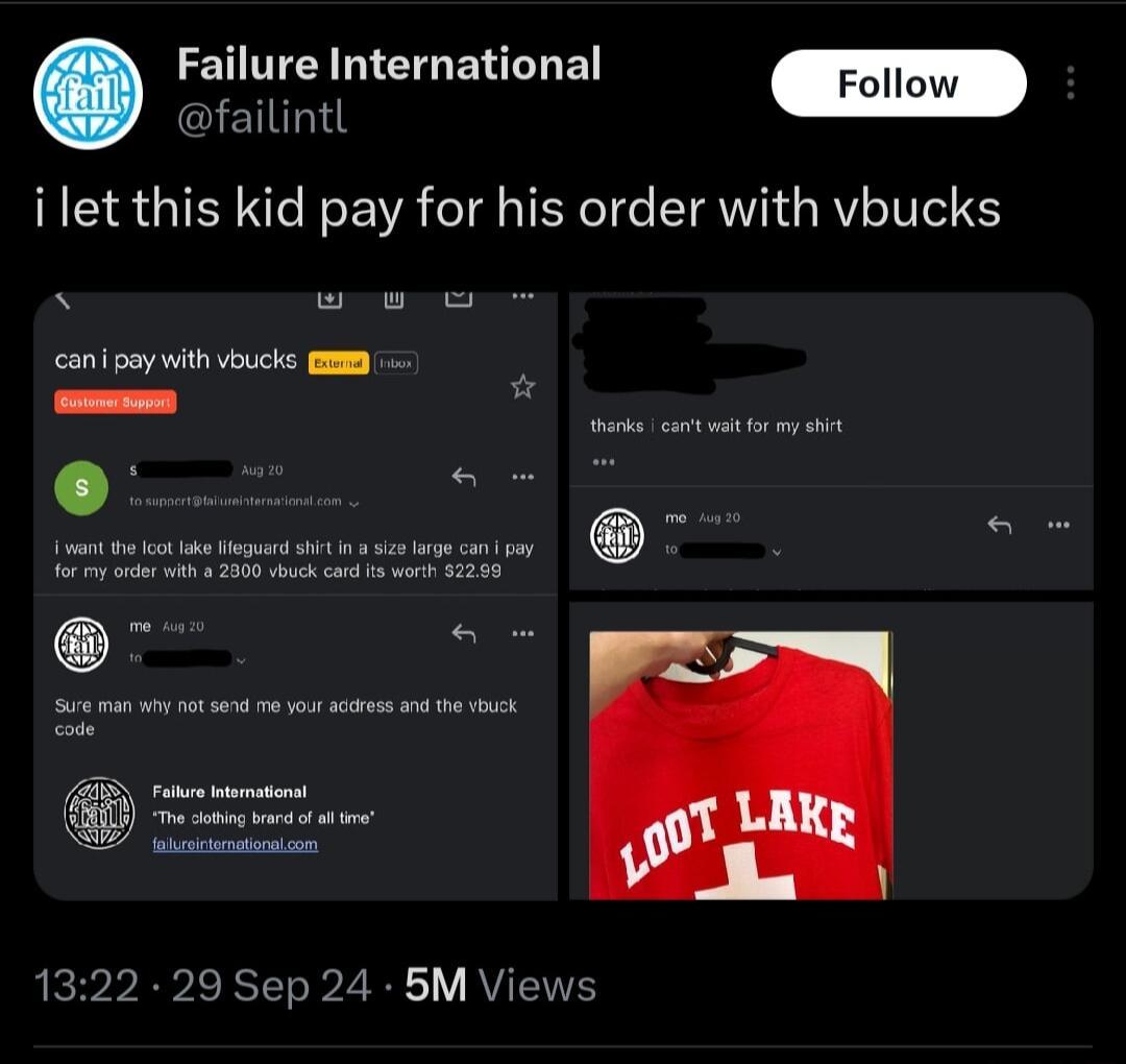 FaflllvlreInternanonal failintl i let this kid pay for his order with vbucks cani pay with oucks g N