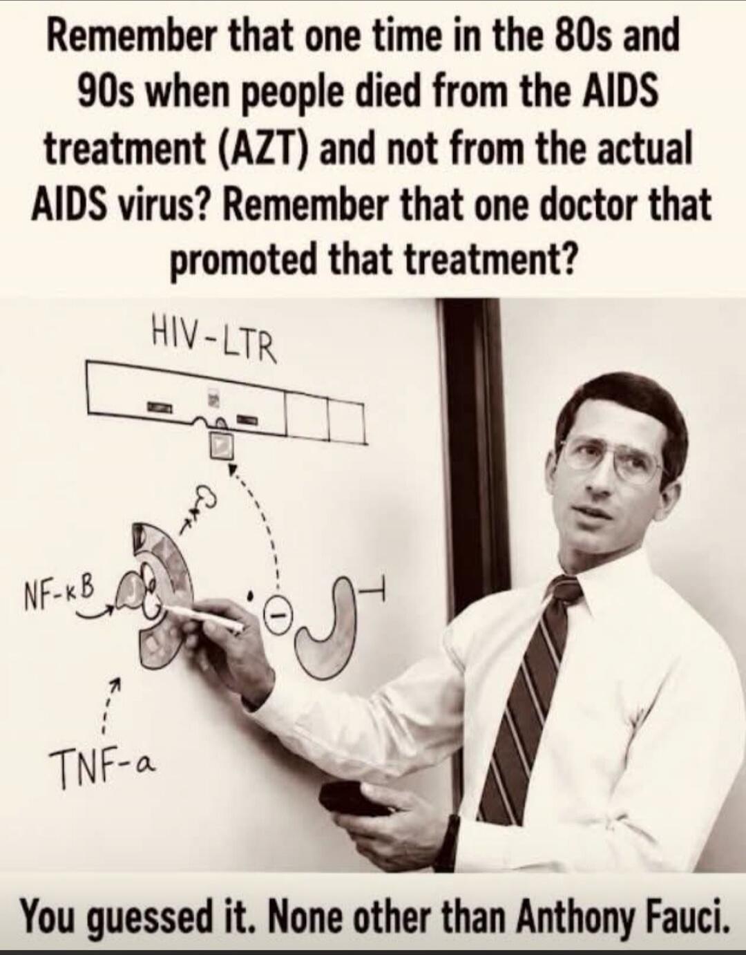 Remember that one time in the 80s and 90s when people died from the AIDS treatment (AZT) and not from the actual AIDS virus? Remember that one doctor that promoted that treatment? HIV-LTR NF-kB TNF-a You guessed it. None other than Anthony Fauci.