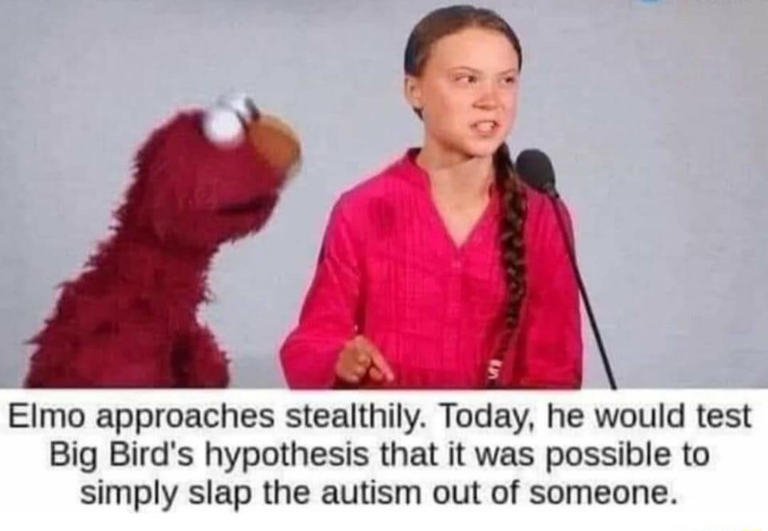 Elmo approaches stealthily Today he would test Big Birds hypothesis that it was possible to simply slap the autism out of someone