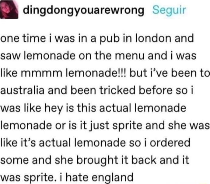 dingdongyouarewrong Sequir one time i was in a pub in london and saw lemonade on the menu and i was like mmmm lemonade but ive been to australia and been tricked before so i was like hey is this actual lemonade lemonade or is it just sprite and she was like its actual lemonade so i ordered some and she brought it back and it was sprite i hate england