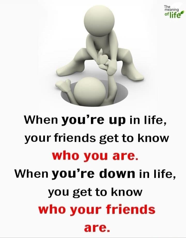 The meaning of life. When you're up in life, your friends get to know who you are. When you're down in life, you get to know who your friends are.