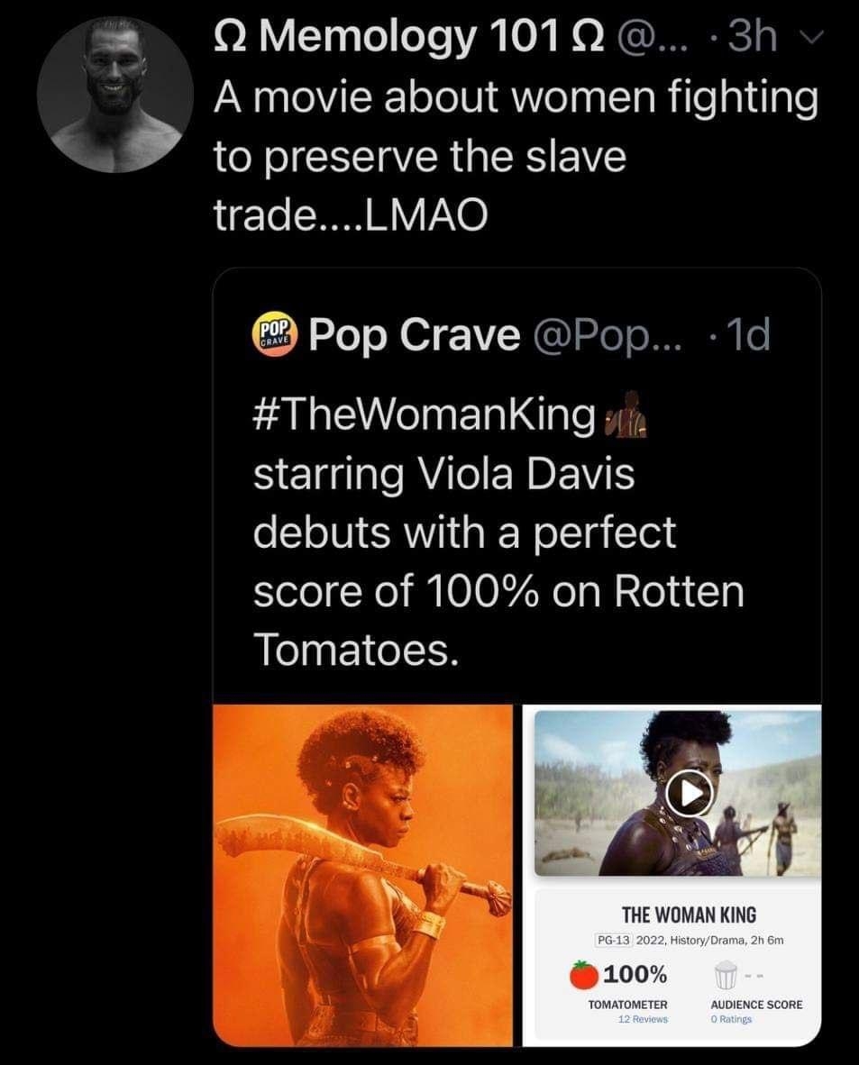 QMemology 101Q 3h 3 A movie about women fighting to preserve the slave LCTe N V Pop Crave Pop 1d TheWomanKing starring Viola Davis debuts with a perfect score of 100 on Rotten Tomatoes