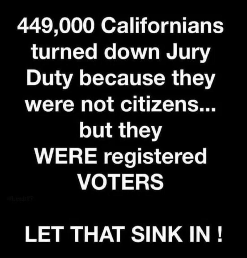 449,000 Californians turned down Jury Duty because they were not citizens... but they WERE registered VOTERS LET THAT SINK IN !