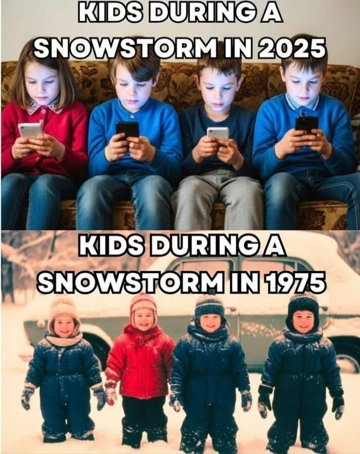 KIDS DURING A SNOWSTORM IN 2025. KIDS DURING A SNOWSTORM IN 1975.