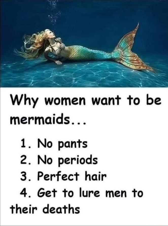 Why women want to be mermaids 1 No pants 2 No periods 3 Perfect hair 4 Get to lure men to their deaths