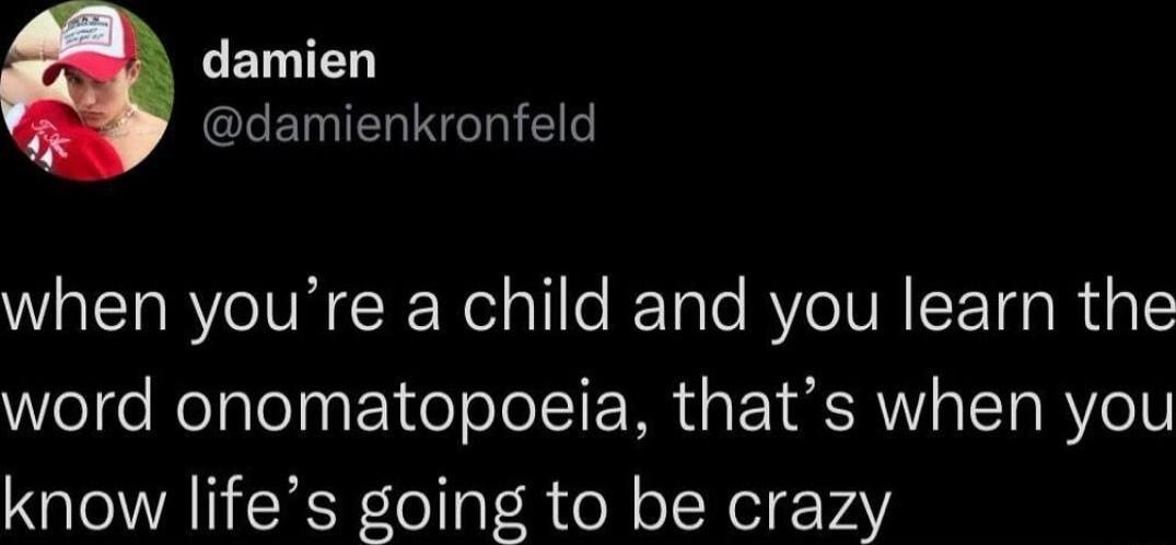 LELIED damienkronfeld when youre a child and you learn the word onomatopoeia thats when you know lifes going to be crazy