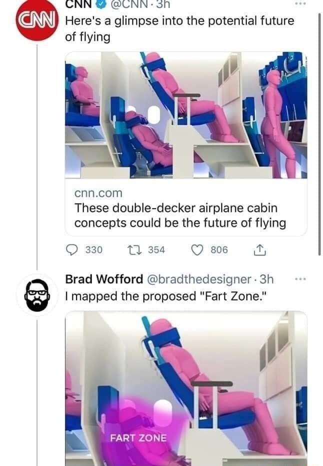 NN CNN Sn NN Heres a glimpse into the potential future of flying cnncom These double decker airplane cabin concepts could be the future of flying Qa0 1w Qes N Brad Wofford bradthedesigner 3h mapped the proposed Fart Zone