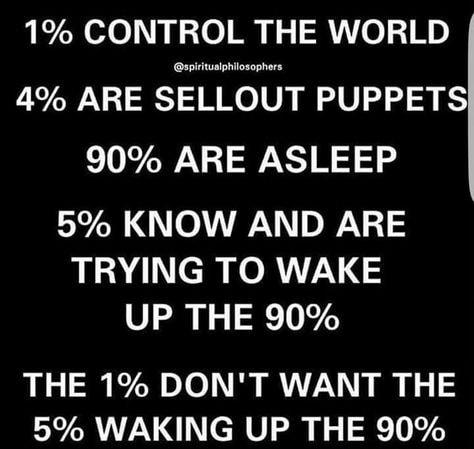 1 CONTROL THE WORLD 4 ARE SELLOUT PUPPETS 90 ARE ASLEEP 5 KNOW AND ARE TRYING TO WAKE UP THE 90 THE 1 DONT WANT THE 5 WAKING UP THE 90