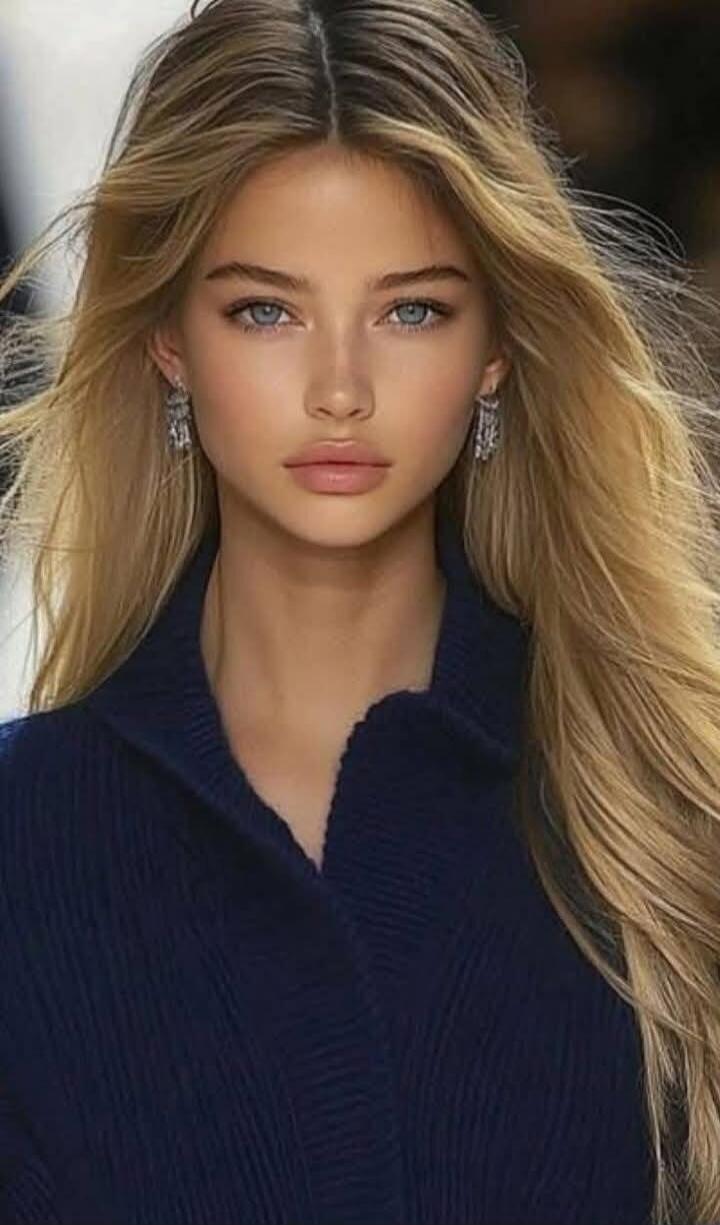 A portrait of a young woman with long blonde hair wearing a dark navy sweater and earrings.