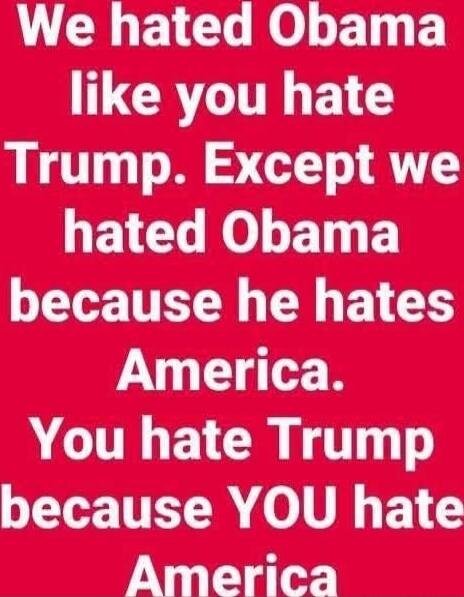 We hated Obama like you hate Trump. Except we hated Obama because he hates America. You hate Trump because YOU hate America