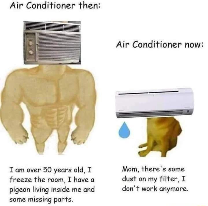 Air Conditioner then Air Conditioner now T am over 50 years old T Mom theres some freeze the room I have a dust on my filter T pigeon living inside me and dont work anymore some missing parts