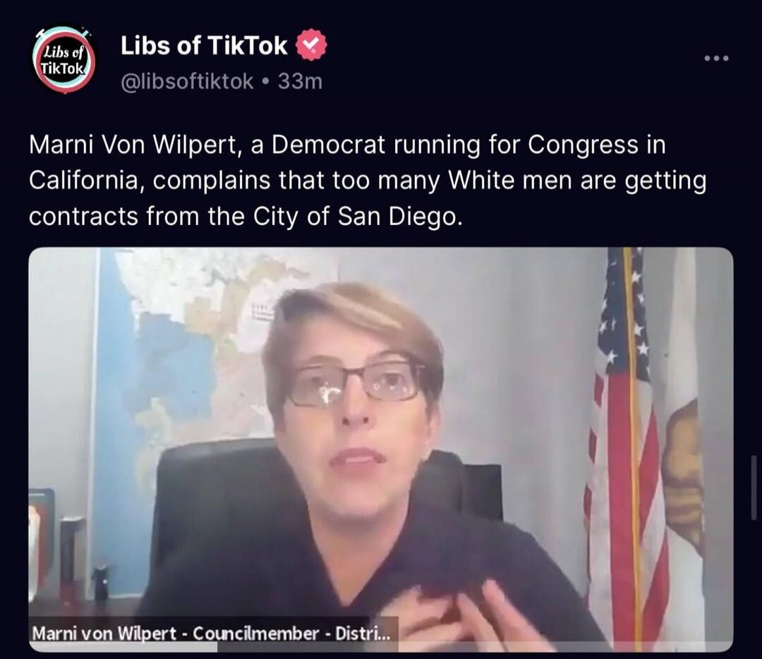 Marni Von Wilpert, a Democrat running for Congress in California, complains that too many White men are getting contracts from the City of San Diego. Marni von Wilpert - Councilmember - District...