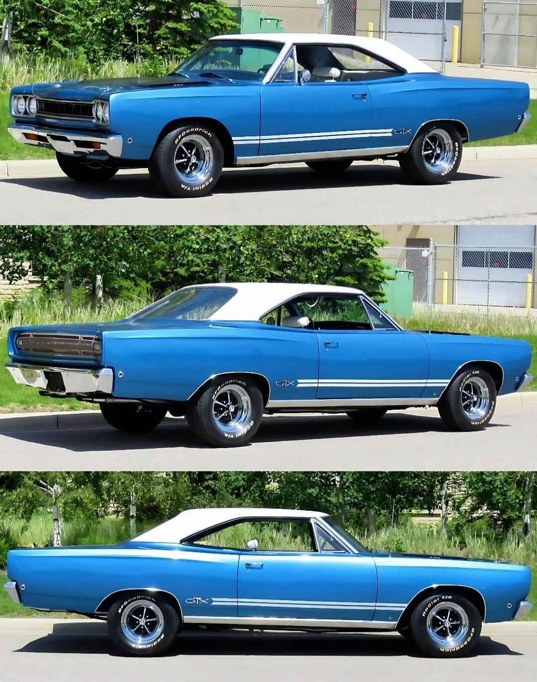 Blue 1960s-style muscle car shown from three angles.