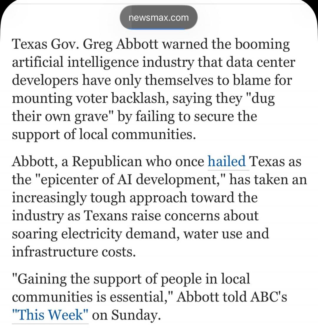 Texas Gov. Greg Abbott warned the booming artificial intelligence industry that data center developers have only themselves to blame for mounting voter backlash, saying they 