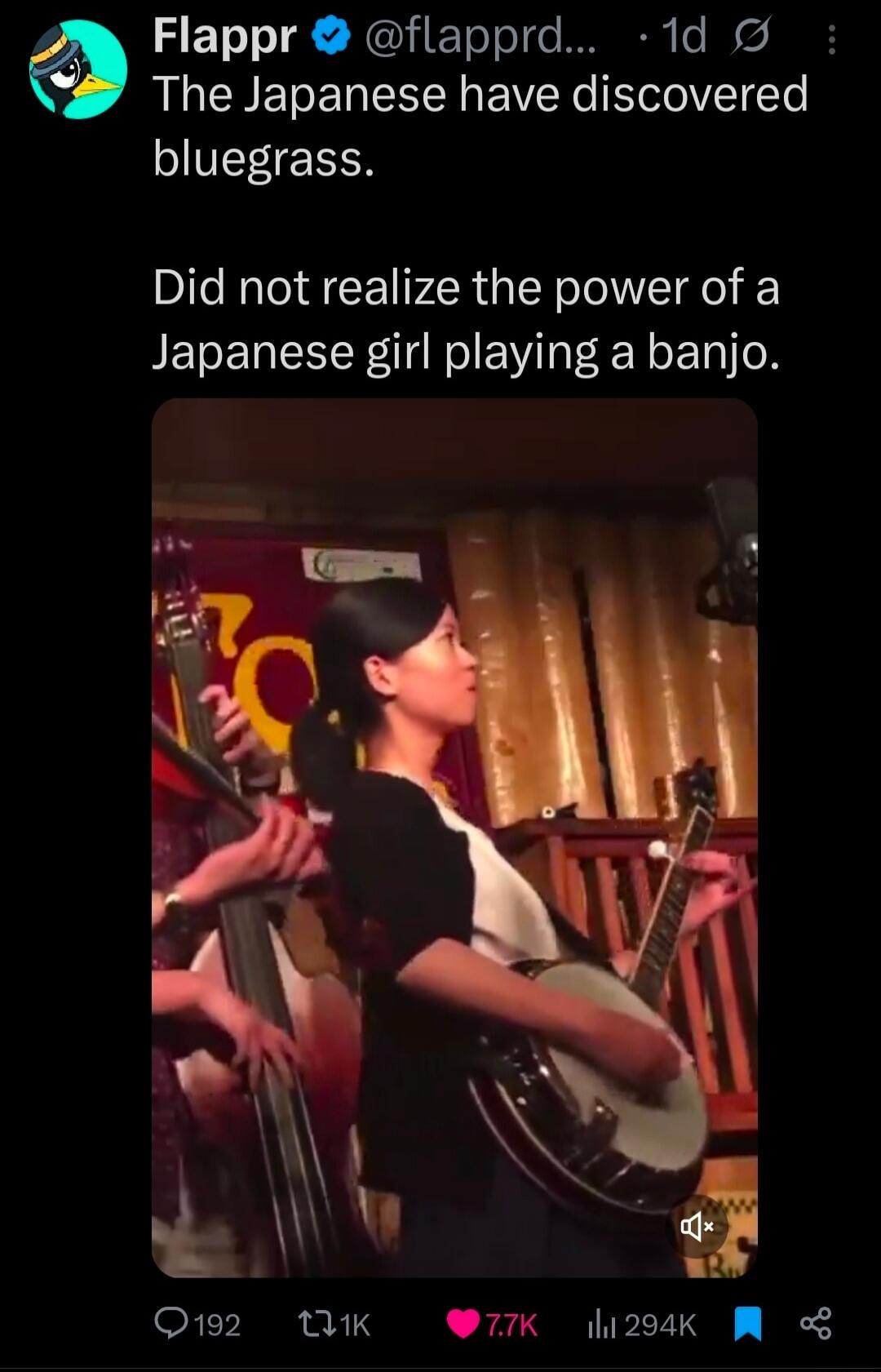 The Japanese have discovered bluegrass. Did not realize the power of a Japanese girl playing a banjo.